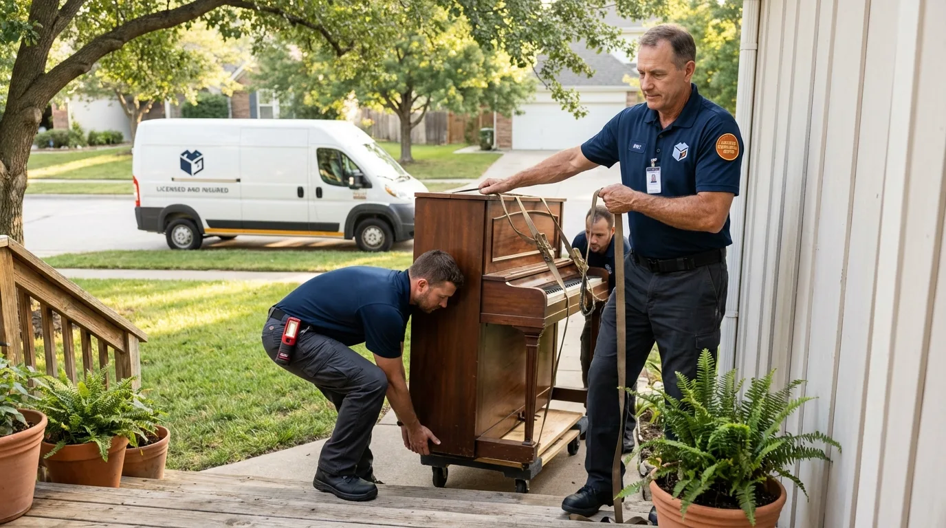 Licensed piano movers securing grand piano in Anderson, CA