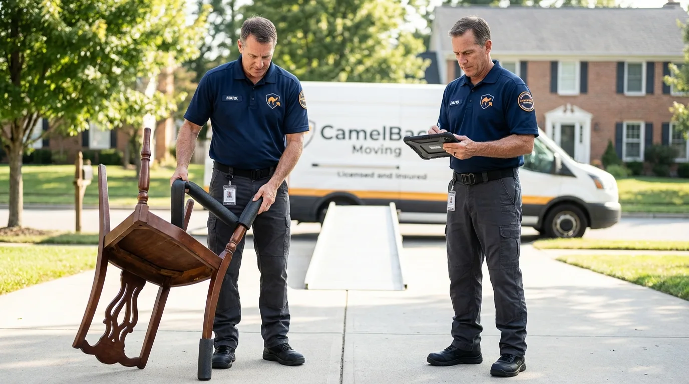 Movers inspecting furniture for damage prevention before loading in Anderson, CA