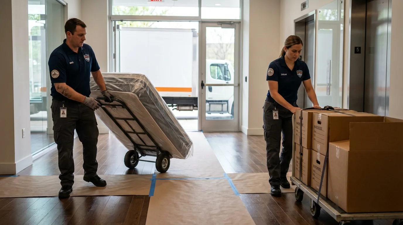 Professional apartment movers loading elevator in Anderson, CA